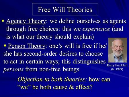 Free Will Theories  Agency Theory: we define ourselves as agents through free choices: this we experience (and is what our theory should explain)  Person.