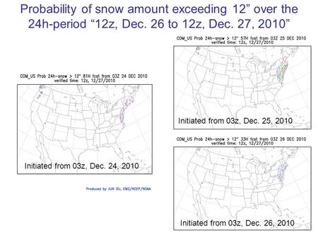 Probability of snow amount exceeding 12” over the 24h-period “12z, Dec. 26 to 12z, Dec. 27, 2010” Initiated from 03z, Dec. 24, 2010 Initiated from 03z,