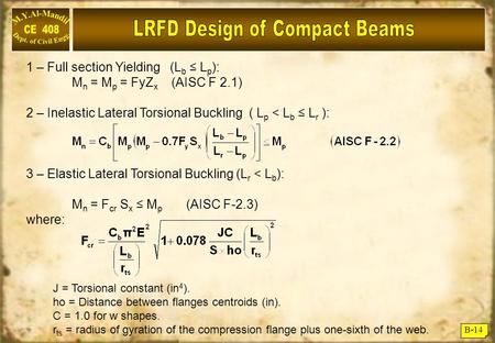 B-14 1 – Full section Yielding (L b ≤ L p ): M n = M p = FyZ x (AISC F 2.1) 2 – Inelastic Lateral Torsional Buckling ( L p < L b ≤ L r ): 3 – Elastic Lateral.