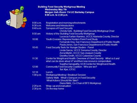 9:00 a.m.Registration and morning refreshments 9:30 a.m.Welcome and Introductions 9:40 a.m.Synopsis of Food Security Christy Getz, Building Food Security.