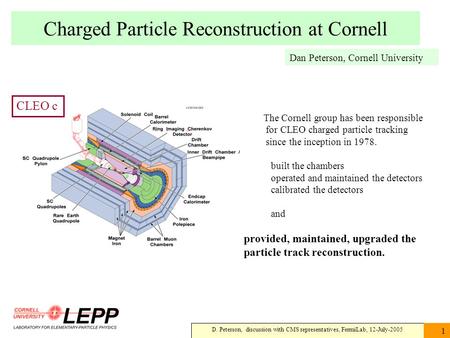 D. Peterson, discussion with CMS representatives, FermiLab, 12-July-2005 1 Charged Particle Reconstruction at Cornell Dan Peterson, Cornell University.