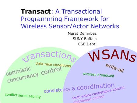 Murat Demirbas SUNY Buffalo CSE Dept. Transact Transact: A Transactional Programming Framework for Wireless Sensor/Actor Networks optimistic concurrency.