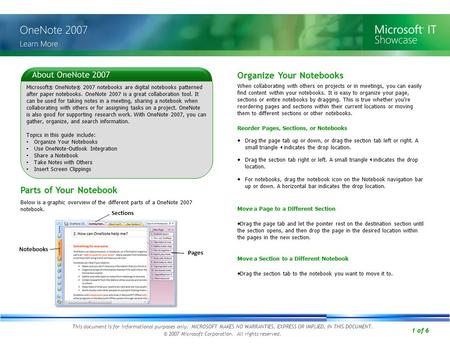 1 of 6 Parts of Your Notebook Below is a graphic overview of the different parts of a OneNote 2007 notebook. Microsoft ® OneNote ® 2007 notebooks are digital.