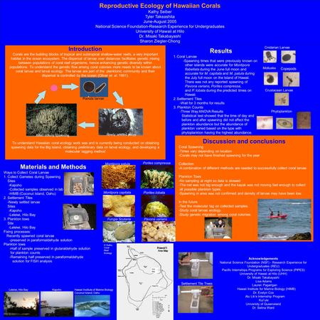 Materials and Methods Ways to Collect Coral Larvae 1. Collect Gametes during Spawning Sites -Kapoho -Collected samples observed in lab -HIMB (Coconut Island,