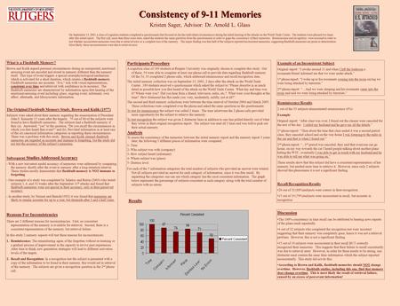 Consistency of 9-11 Memories Kristen Sager, Advisor: Dr. Arnold L. Glass What is a Flashbulb Memory? Brown and Kulik argued personal circumstances during.