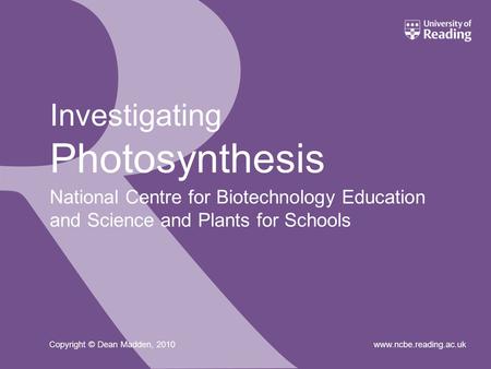 National Centre for Biotechnology Education and Science and Plants for Schools www.ncbe.reading.ac.uk Investigating Photosynthesis Copyright © Dean Madden,