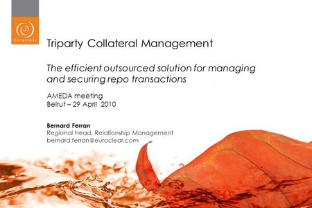 Triparty Collateral Management The efficient outsourced solution for managing and securing repo transactions AMEDA meeting Beirut – 29 April 2010 Bernard.