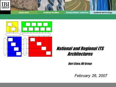 Urban landbuilding facilitiestransportation networkssystems technology National and Regional ITS Architectures Bart Cima, IBI Group February 26, 2007.