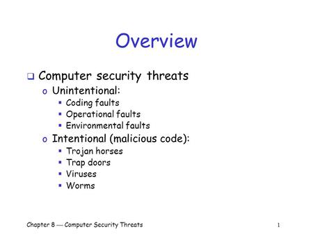 Overview Computer security threats Unintentional: