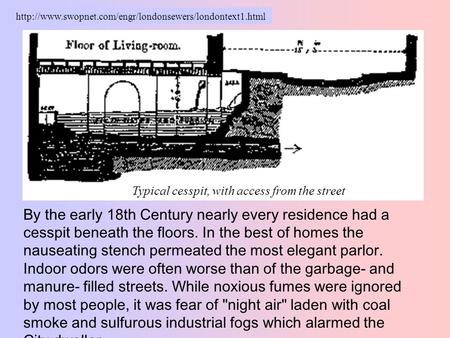 By the early 18th Century nearly every residence had a cesspit beneath the floors. In the best of homes the nauseating stench permeated the most elegant.