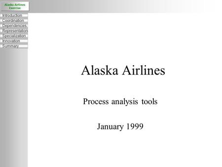 Alaska Airlines Process analysis tools January 1999 Alaska Airlines Exercise Introduction Coordination Dependencies Representation Specialization Innovation.