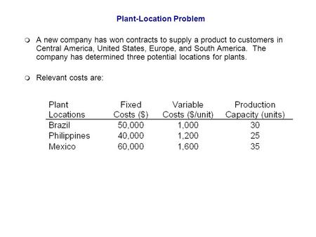 Plant-Location Problem  A new company has won contracts to supply a product to customers in Central America, United States, Europe, and South America.