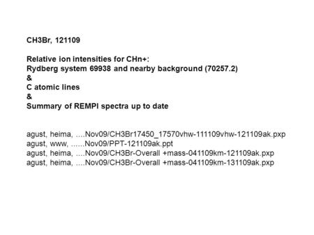 CH3Br, 121109 Relative ion intensities for CHn+: Rydberg system 69938 and nearby background (70257.2) & C atomic lines & Summary of REMPI spectra up to.