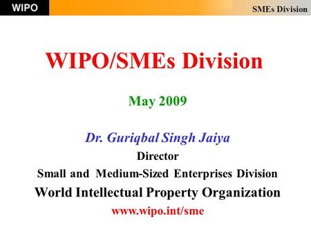 SMEs Division WIPO/SMEs Division May 2009 Dr. Guriqbal Singh Jaiya Director Small and Medium-Sized Enterprises Division World Intellectual Property Organization.