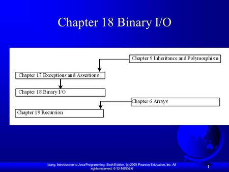 Liang, Introduction to Java Programming, Sixth Edition, (c) 2005 Pearson Education, Inc. All rights reserved. 0-13-148952-6 1 Chapter 18 Binary I/O.