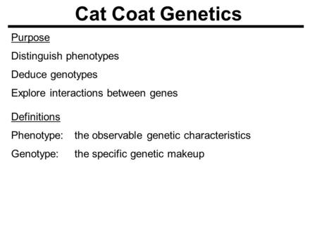 Cat Coat Genetics Purpose Distinguish phenotypes Deduce genotypes