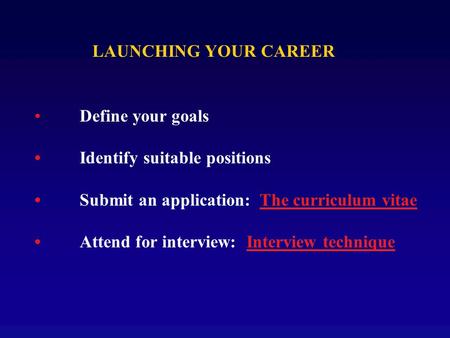 Define your goals Identify suitable positions Submit an application: The curriculum vitae Attend for interview: Interview technique LAUNCHING YOUR CAREER.