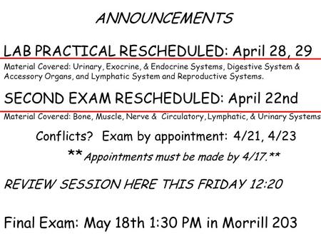 ANNOUNCEMENTS LAB PRACTICAL RESCHEDULED: April 28, 29 Material Covered: Urinary, Exocrine, & Endocrine Systems, Digestive System & Accessory Organs, and.