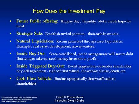 Law 514 Corporations Instructor: Dwight Drake Copyright 2005 Dwight Drake. All Rights Reserved. Business Planning: Closely Held Enterprises www. drake-business-planning.com.