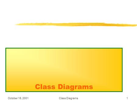 October 16, 2001Class Diagrams1. October 16, 2001Class Diagrams2 (Design) Class Diagrams (1) zA class diagram is a visual representation of various classes.