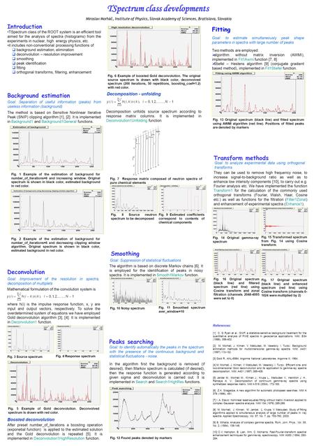 TSpectrum class developments Miroslav Morháč, Institute of Physics, Slovak Academy of Sciences, Bratislava, Slovakia Introduction TSpectrum class of the.