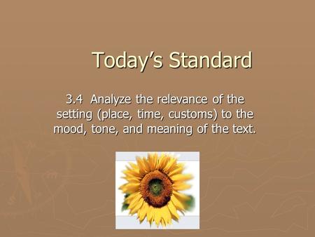 Today’s Standard 3.4 Analyze the relevance of the setting (place, time, customs) to the mood, tone, and meaning of the text.