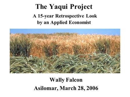 The Yaqui Project A 15-year Retrospective Look by an Applied Economist Wally Falcon Asilomar, March 28, 2006.