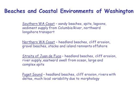 Beaches and Coastal Environments of Washington Southern WA Coast – sandy beaches, spits, lagoons, sediment supply from Columbia River, northward longshore.