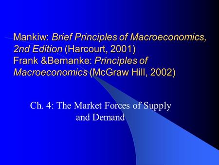 Mankiw: Brief Principles of Macroeconomics, 2nd Edition (Harcourt, 2001) Frank &Bernanke: Principles of Macroeconomics (McGraw Hill, 2002) Ch. 4: The.