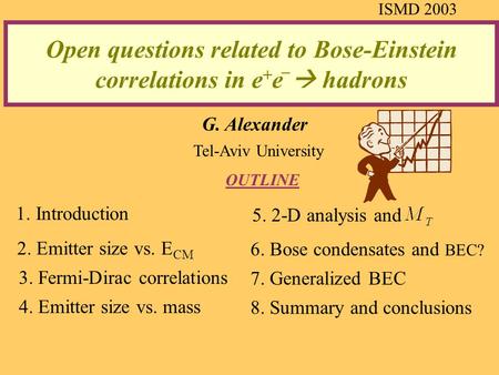 Open questions related to Bose-Einstein correlations in e + e _  hadrons G. Alexander Tel-Aviv University OUTLINE ISMD 2003 1. Introduction 3. Fermi-Dirac.