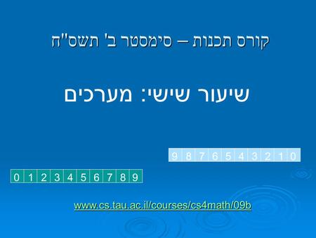 קורס תכנות – סימסטר ב ' תשס  ח שיעור שישי: מערכים www.cs.tau.ac.il/courses/cs4math/09b 9012345678 0987654321.