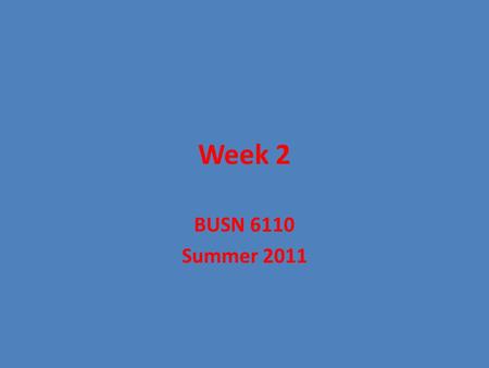 Week 2 BUSN 6110 Summer 2011. Quality Management Quality is a measure of goodness that is inherent to a product or service. Bottom line: perspective has.