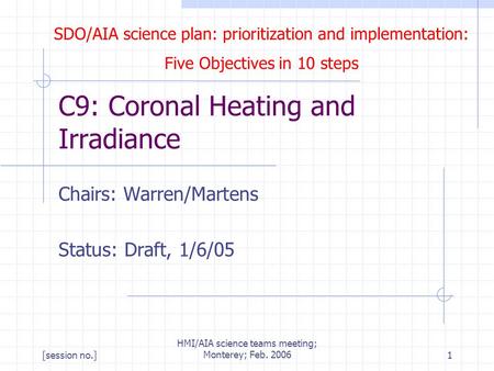 SDO/AIA science plan: prioritization and implementation: Five Objectives in 10 steps [session no.] HMI/AIA science teams meeting; Monterey; Feb. 20061.