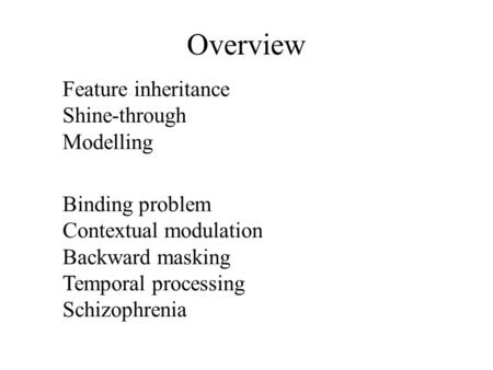 Overview Feature inheritance Shine-through Modelling Binding problem Contextual modulation Backward masking Temporal processing Schizophrenia.