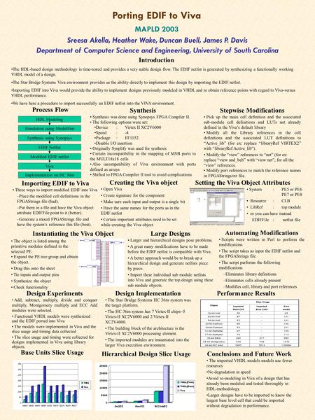 Porting EDIF to Viva Sreesa Akella, Heather Wake, Duncan Buell, James P. Davis Department of Computer Science and Engineering, University of South Carolina.