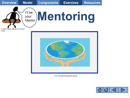 OverviewModelComponentsResourcesExercises Two hands holding the Earth. 1 Mentoring I’ll be your Mentor A black figure sitting on a brown block.