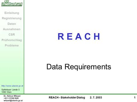 Spittelauer Lände 5 1090 Wien Einleitung Registrierung Daten Ausnahmen CSR Prüfvorschlag Probleme Dr. Helmut Witzani +43-1-31304-5620.