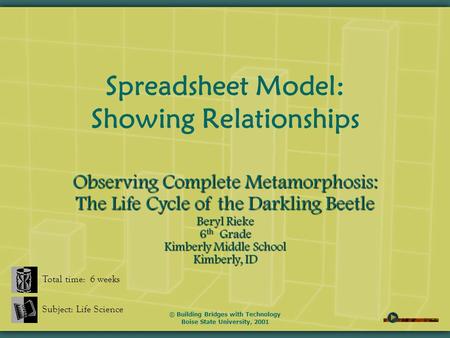 © Building Bridges with Technology Boise State University, 2001 Spreadsheet Model: Showing Relationships Total time: 6 weeks Subject: Life Science Observing.