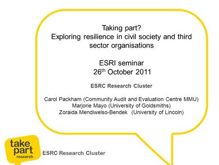 ESRC Research Cluster Taking part? Exploring resilience in civil society and third sector organisations ESRI seminar 26 th October 2011 ESRC Research Cluster.