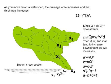 Q=r*DA As you move down a watershed, the drainage area increases and the discharge increases x4x4 x3x3 x2x2 x1x1 Since Q ↑ as DA↑ downstream and Q=w*v*d.