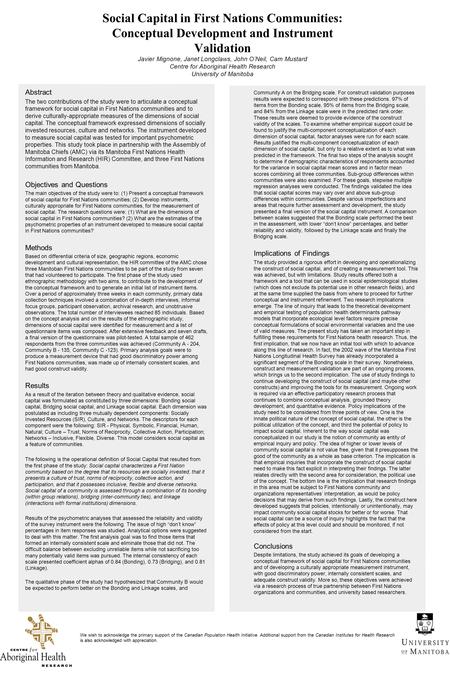 Social Capital in First Nations Communities: Conceptual Development and Instrument Validation Javier Mignone, Janet Longclaws, John O’Neil, Cam Mustard.