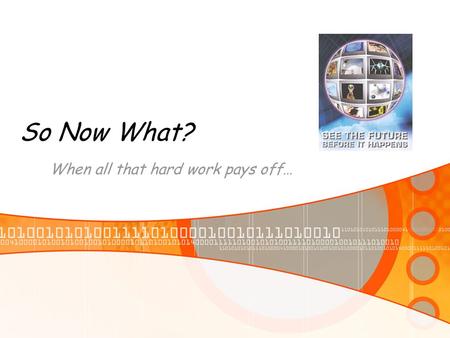 So Now What? When all that hard work pays off…. Where to go after graduation Stay in academia… Graduate School Enter the work force… Programmer IT Consultant.