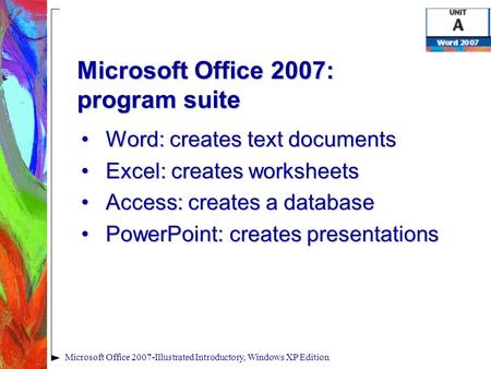 Microsoft Office 2007-Illustrated Introductory, Windows XP Edition Microsoft Office 2007: program suite Word: creates text documentsWord: creates text.