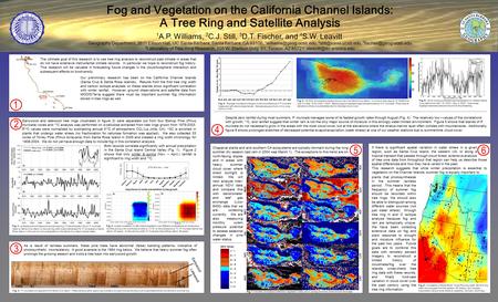 Fig. 5 – MODIS: Summertime stratus cloud cover over Santa Cruz Island – % of cloud-free days at 10:30AM from July 3 to Sep. 30 for 2000 – 2004. Black polygons.