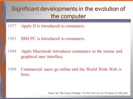 Significant developments in the evolution of the computer 1977 Apple II is introduced to consumers. 1981 IBM PC is introduced to consumers. 1984 Apple.