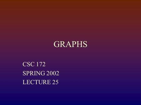 GRAPHS CSC 172 SPRING 2002 LECTURE 25. Structure of the Internet Europe Japan Backbone 1 Backbone 2 Backbone 3 Backbone 4, 5, N Australia Regional A Regional.