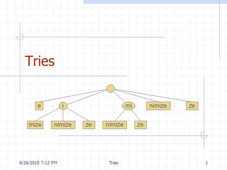 6/26/2015 7:13 PMTries1. 6/26/2015 7:13 PMTries2 Outline and Reading Standard tries (§9.2.1) Compressed tries (§9.2.2) Suffix tries (§9.2.3) Huffman encoding.