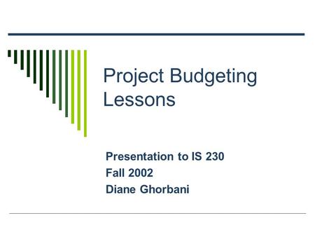 Project Budgeting Lessons Presentation to IS 230 Fall 2002 Diane Ghorbani.