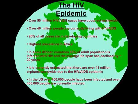 Over 50 million HIV/AIDS cases have occurred worldwide Over 40 million people are currently living with HIV/AIDS 95% of all cases are in developing countries.