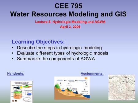 CEE 795 Water Resources Modeling and GIS Learning Objectives: Describe the steps in hydrologic modeling Evaluate different types of hydrologic models Summarize.